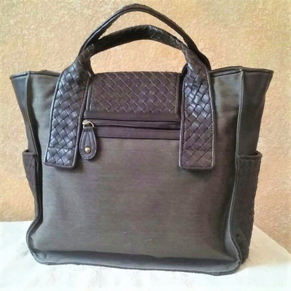 BCBG MAXAZRIA Leather Canvas Laptop Tote Bag NWOT - Picture 2 of 8